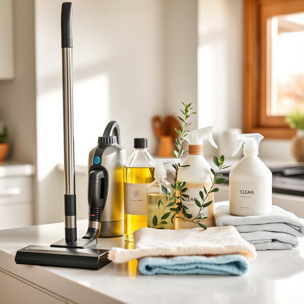 Cleaning supplies and vacuum ready to go